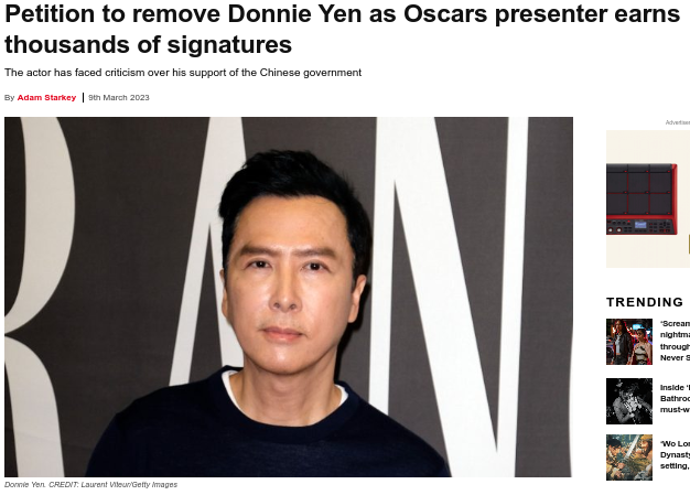 NME // Petition to remove Donnie Yen as Oscars presenter earns thousands of signatures (9 Mar)